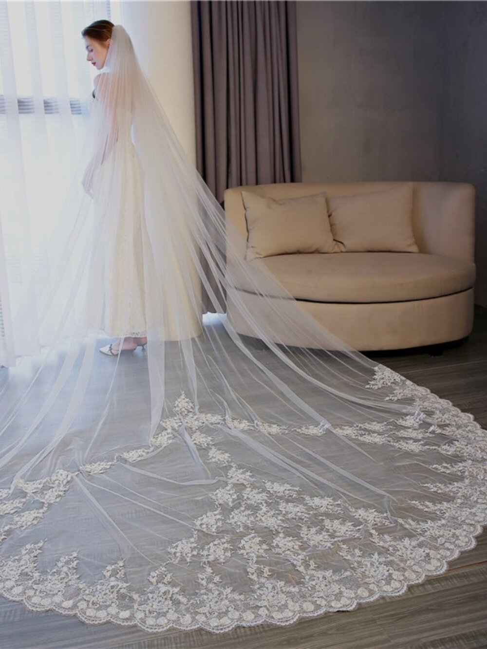138" Long Royal Cathedral Wedding Veil Elaborate Lace Train